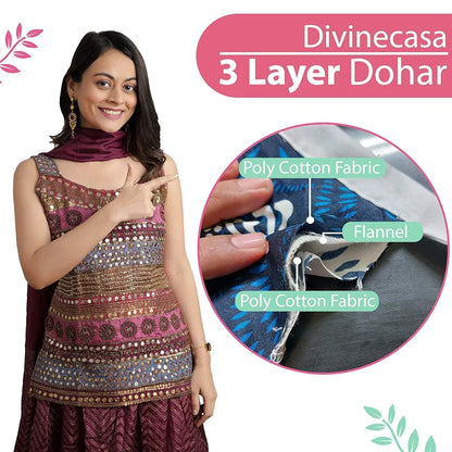 Divine Casa Glace Cotton 120 GSM Reversible Lightweight Printed Double Bed AC Dohar Winter Blanket Quilt Colour Pink and Turquoise TC - 120