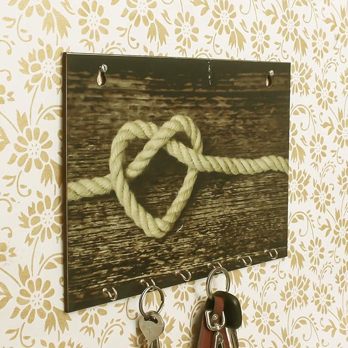 EcraftIndia Heart Made of Rope Theme Wooden Key Holder with 6 Hooks