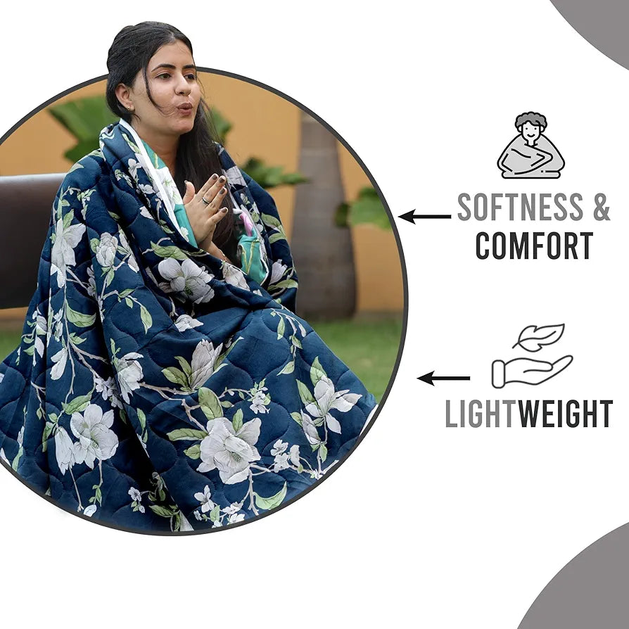 Divine Casa Microfibre 120 GSM Reversible Flower Print Single Bed Size Comforter Blanket TC - 120 Colour Sea Green and Blue