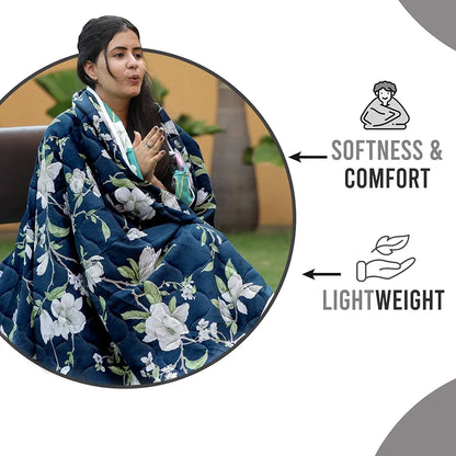 Divine Casa Microfibre 120 GSM Reversible Flower Print Single Bed Size Comforter Blanket TC - 120 Colour Sea Green and Blue