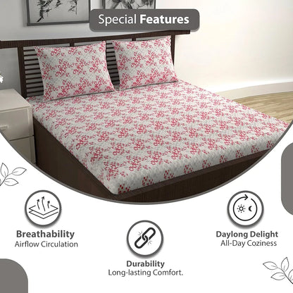 Divine Casa 144 TC Pure Cotton Double Bed Bedsheet with 2 Pillow Covers Mosaic Bloom Colour Ivory Red
