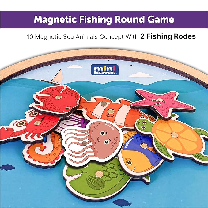 Mini Leaves Fishing Tray Wooden Round Fish Catching Tray Magnetic Fishing Game for Kids Fishing Toy Educational Toys | 10 Pieces