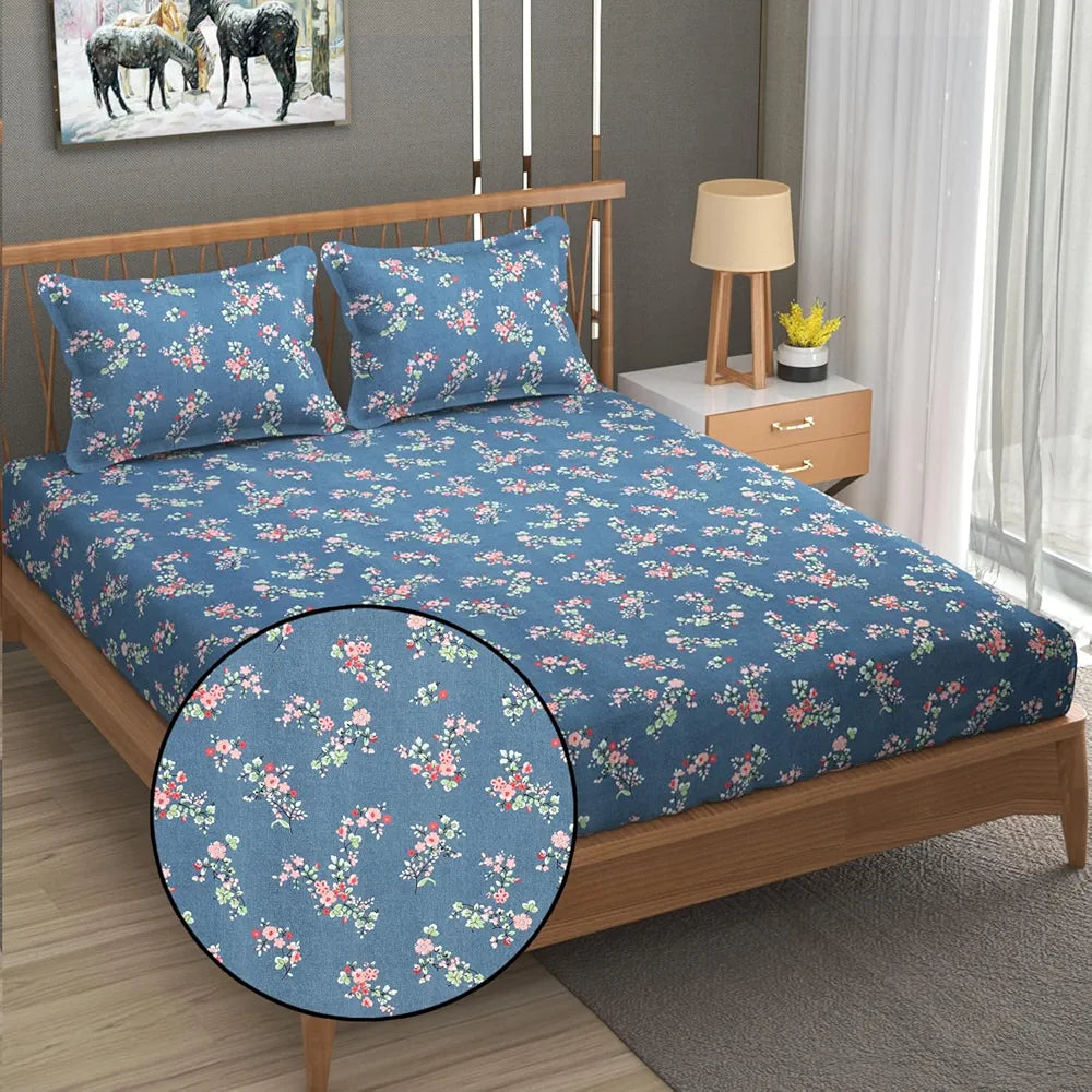 Fresh From Loom Anti Fade Floral Print 240 TC Microfiber King Size Fitted Bedsheet with 2 Pillow Covers Greyish-Blue