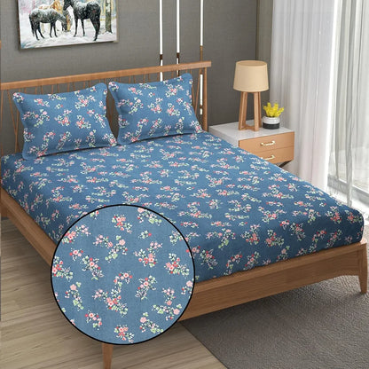 Fresh From Loom Anti Fade Floral Print 240 TC Microfiber King Size Bedsheet with 2 Pillow Covers Greyish-Blue