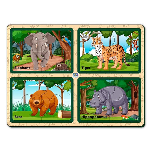 Mini Leaves Four 4 Piece Animal Jumbo Pieces Wooden Puzzle Set of 4 Chunky Animal Jigsaw Puzzle for Kids | Educational Puzzle Game