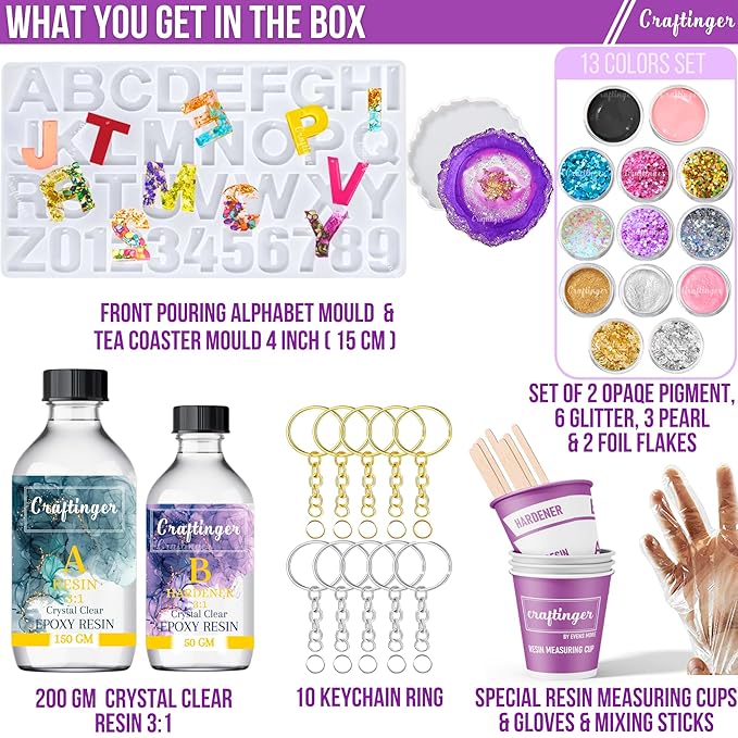 Craftinger Diy Resin Alphabet Keychain Making Kit With 200gm Epoxy Resin & Coaster Mould, Glitter Pigments and More | Multicolor