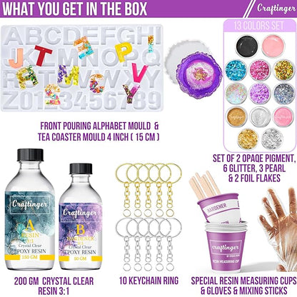 Craftinger Diy Resin Alphabet Keychain Making Kit With 200gm Epoxy Resin & Coaster Mould, Glitter Pigments and More | Multicolor