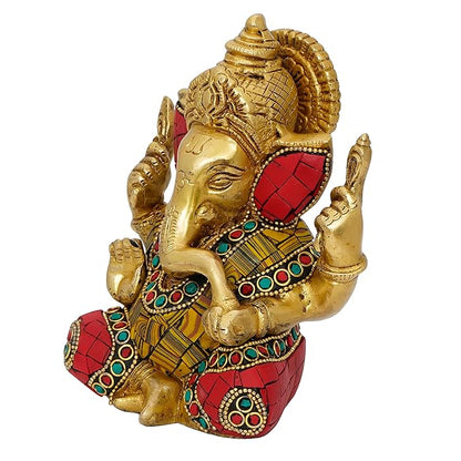 Ecraftindia Handcrafted Golden Brass Chaturbhuj Lord Ganesha Idol With Colorful Stone Work