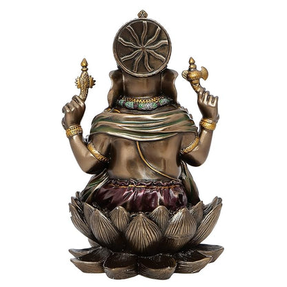 Ecraftindia Handcrafted Polyresin and Bronze Chaturbhuj Lord Ganesha Idol Sitting on Lotus Flower Decorative Statue for Home