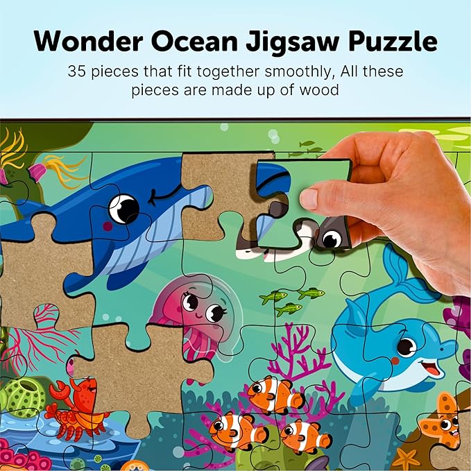 Mini Leaves 35 Piece Puzzle for Kids | Ocean Animals Jigsaw Puzzle | Educational Toys for Kids 3+ Years With Wooden Tray