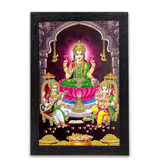 Lifehaxtore Lakshmi With Ganesha and Saraswati Photo Painting with Wooden Frame Black for Temple -Model 1