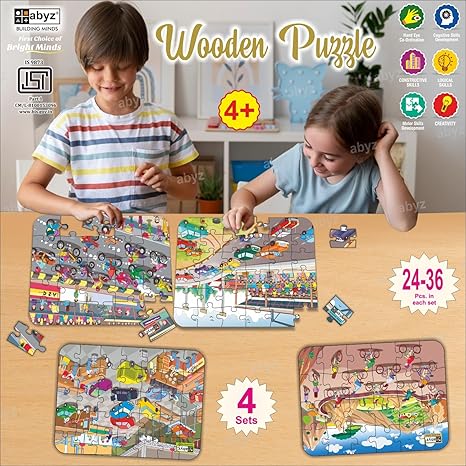 ABYZ Wooden Jigsaw Puzzles for Kids Cycle Racing Bike Racing Car Garage Car Set of 4-120 Pcs
