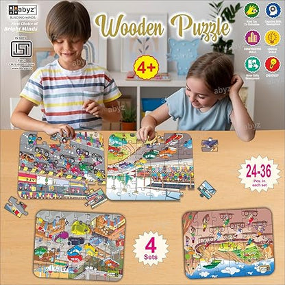 ABYZ Wooden Jigsaw Puzzles for Kids Cycle Racing Bike Racing Car Garage Car Set of 4-120 Pcs