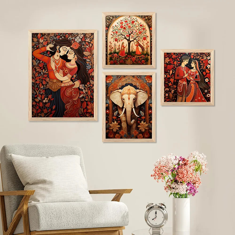 Kotart Traditional Indian Inspired Madhubani Art Paintings with Frame Set of 4 Frames A