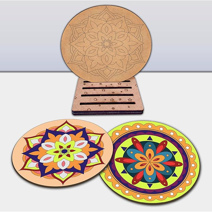 Mini Leaves Wooden Mandala Painting Kit Tea Coaster Art and Craft Kit With Wooden Stand- Advance Level | Set of 4