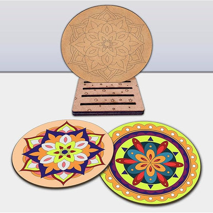 Mini Leaves Wooden Mandala Painting Kit Tea Coaster Art and Craft Kit With Wooden Stand- Advance Level | Set of 4