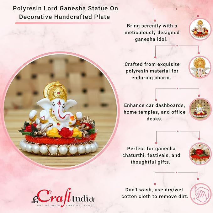 Ecraftindia Resin Lord Ganesha Idol on Decorative Plate | Lord Ganesha Idol | Ganesha Statue for Puja Room
