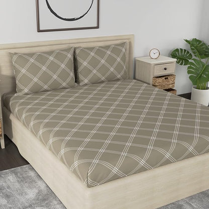 Huesland by Ahmedabad Cotton 186 TC Cotton Bedsheet for Double Bed King Size with 2 Pillow Covers | 9ft x 9ft | Brandon Beige
