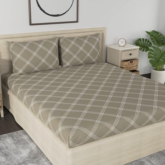 Huesland by Ahmedabad Cotton 186 TC Cotton Bedsheet for Double Bed King Size with 2 Pillow Covers | 9ft x 9ft | Brandon Beige