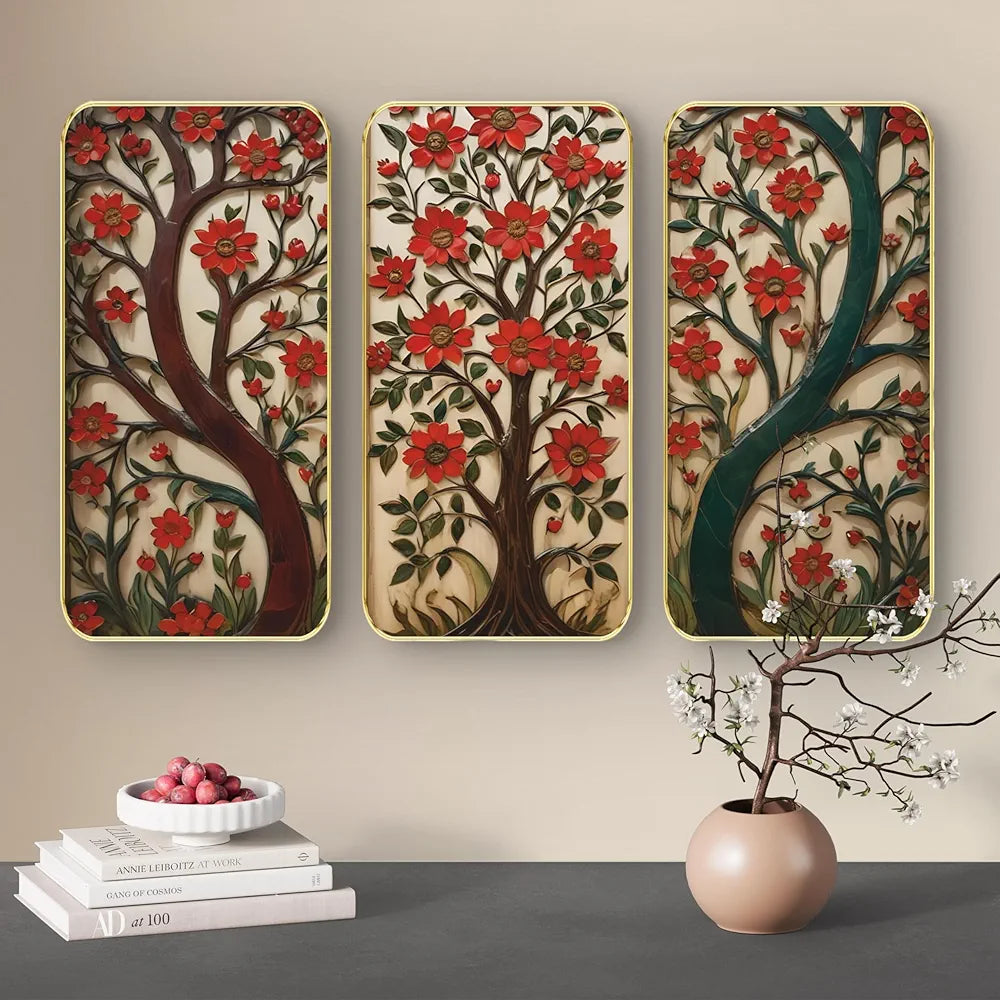 Livin'luxe Set of 3 Flowers Modern Art Boho Painting Premium Framed Laminated Wall Paintings SP-19