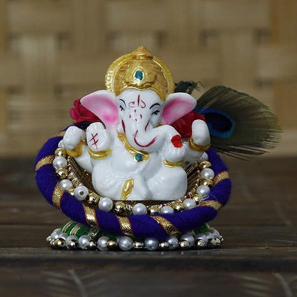 Ecraftindia Resin Lord Ganesha Idol on Peacock Feather Decorative Plate | Ganesha Idol for Home Decor