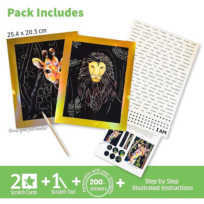 Chalk and Chuckles Animal Power Scratch Art Kit for Kids 6-12 With Stickers | Diy Activity Travel Toys for Kids