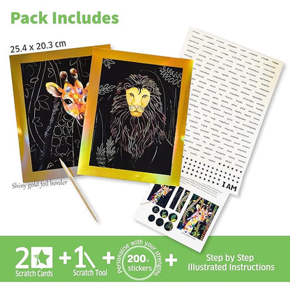 Chalk and Chuckles Animal Power Scratch Art Kit for Kids 6-12 With Stickers | Diy Activity Travel Toys for Kids