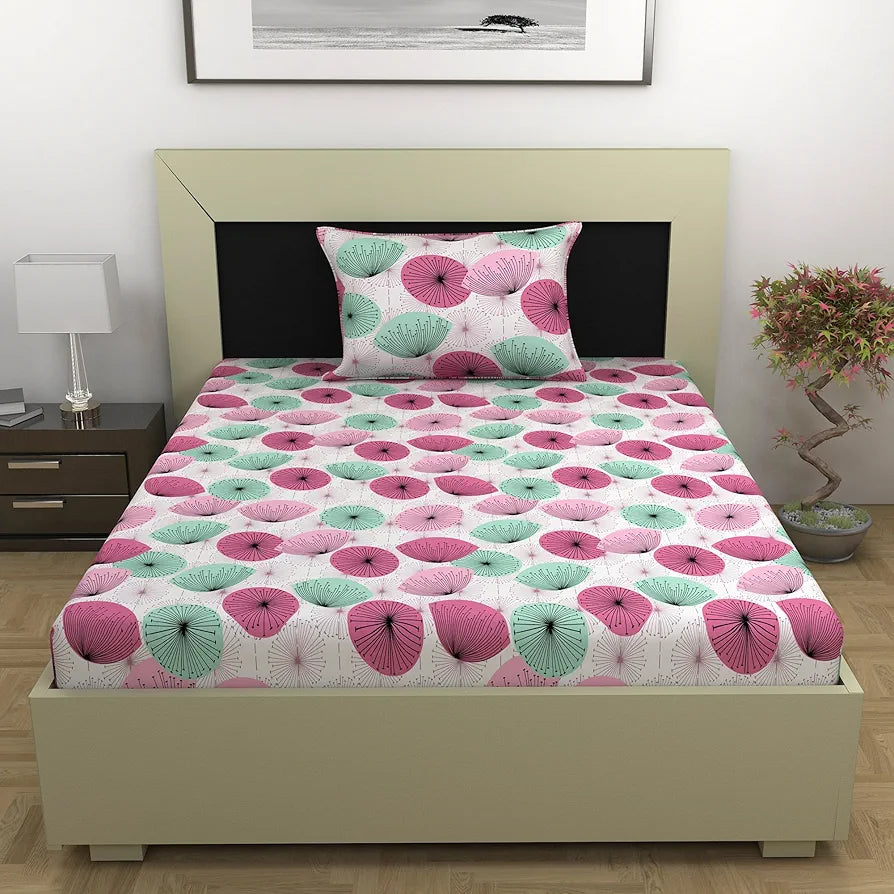 Divine Casa 144 TC 100% Cotton Single Bedsheet with 1 Pillow Cover Floral Pattern Colour Dusty Pink