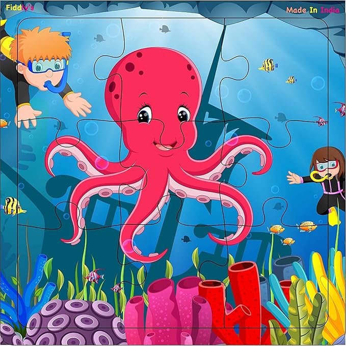 Fiddlys Wood Jigsaw Puzzles for Kids & Children - 9 Pieces | Sea | Pack of 4 | Age 3+