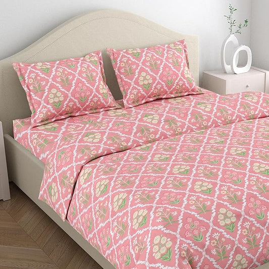 Haus & Kinder Cotton Queen Size Bedsheet For Double Bed (90 X 100 Inches) With 2 Pillow Covers | 186 Tc |ecos Of Pink City