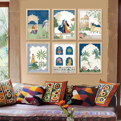 Kotart Framed Wall Painting Traditional Indian Wall Art Madhubani Paintings set of 6 C