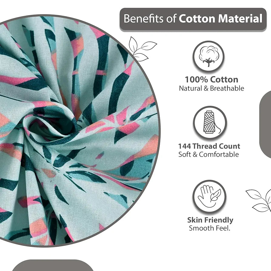 Divine Casa 144 TC 100% Pure Cotton Single Bedsheet with 1 Pillow Cover Floral Leaf Pattern Colour Soft Pink Blue