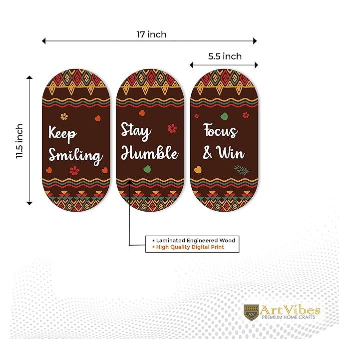Artvibes Keep Smiling Positive Quotes Printed Wooden Wall Hanger for Home | Artworks | Set of 3