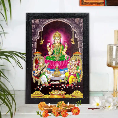 Lifehaxtore Lakshmi With Ganesha and Saraswati Photo Painting with Wooden Frame Black for Temple -Model 1