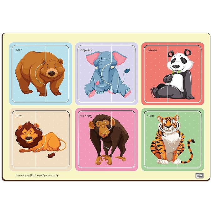 Mini Leaves 2 Piece Puzzle for Kids | Safari Animals Jigsaw Puzzle | Set of 6 Wooden Puzzles for Kids | Educational Toys for Kids