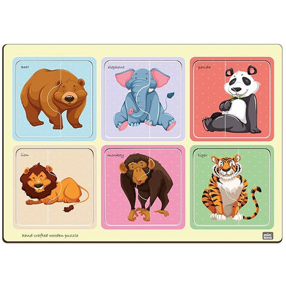 Mini Leaves 2 Piece Puzzle for Kids | Safari Animals Jigsaw Puzzle | Set of 6 Wooden Puzzles for Kids | Educational Toys for Kids