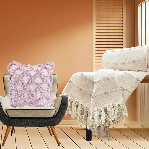 Sajavat Home Hand-Knitted Pure Cotton 3 Seater Sofa Throw & Cushion Cover Colour Beige Pastel Throw & Pink Cushion