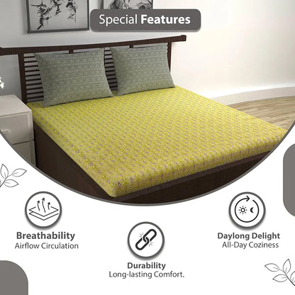 Divine Casa 144 TC 100% Pure Cotton Double Bedsheet with 2 Pillow Covers Ikat Diamond Print Colour Mustard Yellow