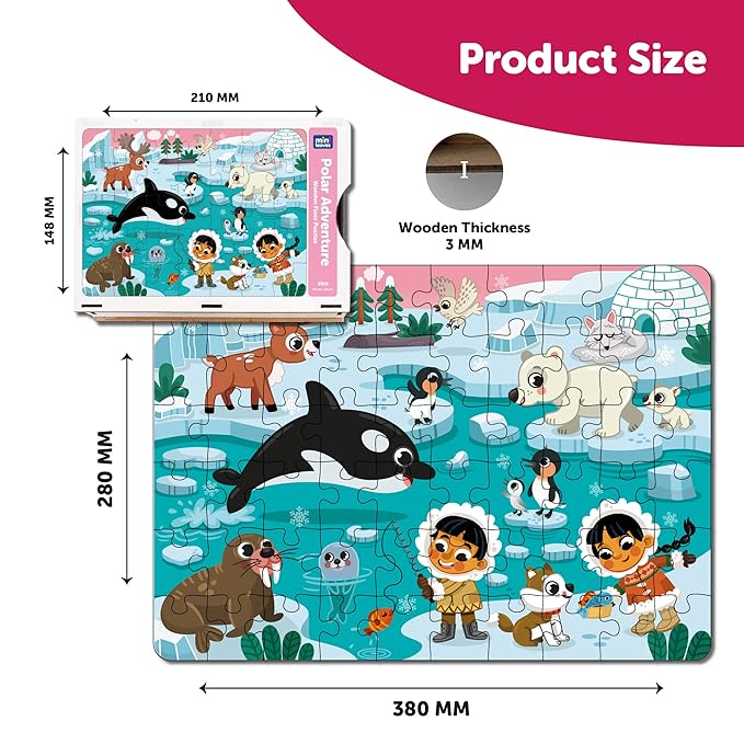 Mini Leaves 60 Piece Wooden Puzzle for Kids & Adults | Polar Adventure Jigsaw Puzzle | Fun & Challenging Wooden Floor Puzzle