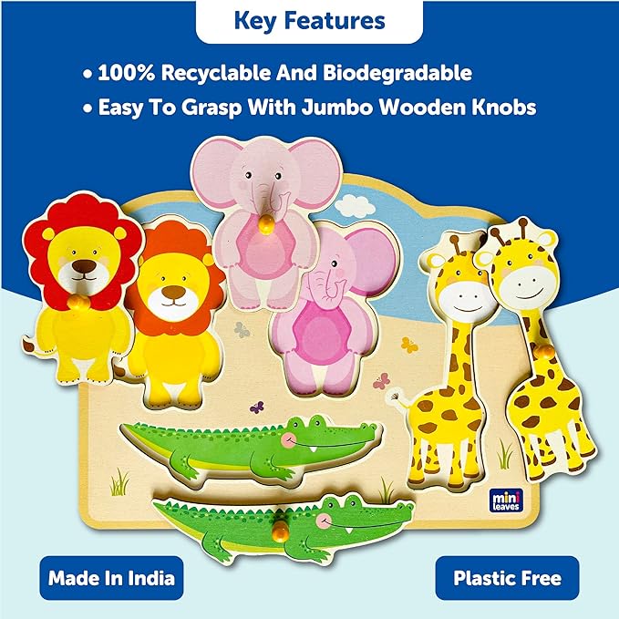 Mini Leaves Jungle Animal Friends Jumbo Knob Wooden Puzzle | Knob Puzzles for Kids for Age 1 and Above | Educational Puzzle