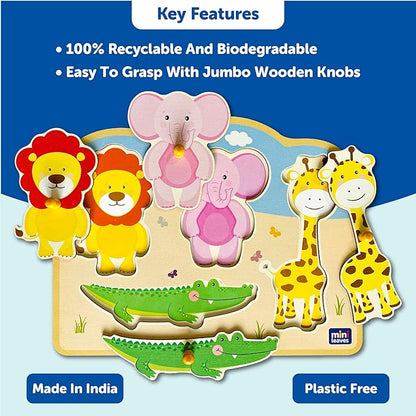 Mini Leaves Jungle Animal Friends Jumbo Knob Wooden Puzzle | Knob Puzzles for Kids for Age 1 and Above | Educational Puzzle
