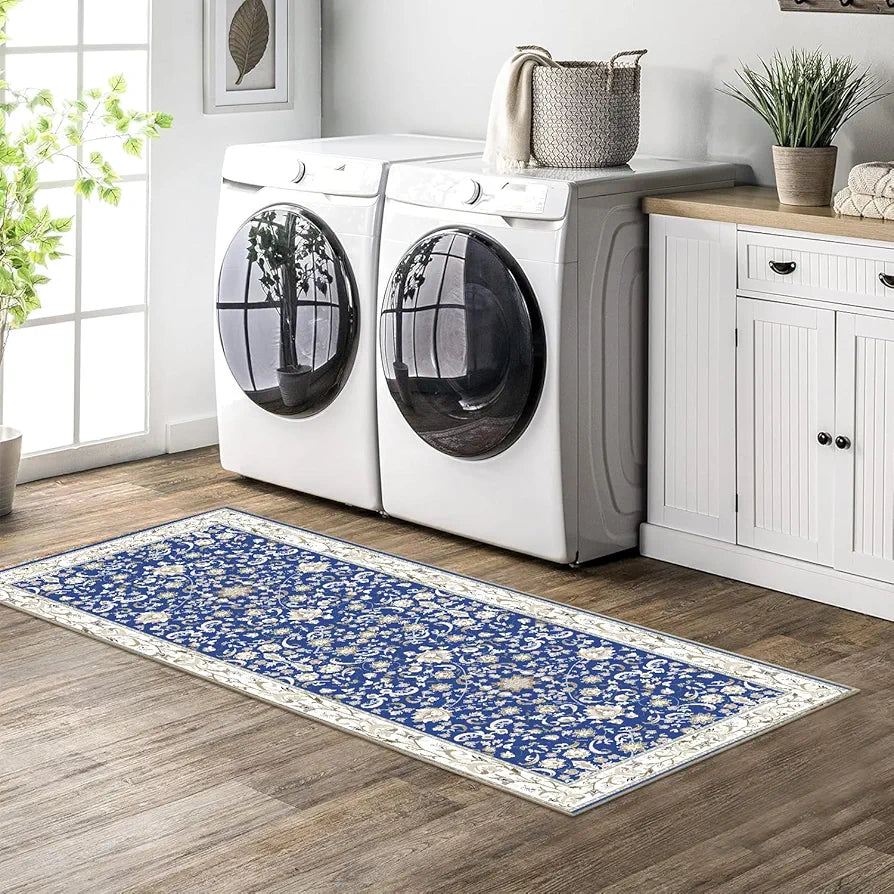Ishro Home Velvet Premium Modern Runner Rug For Bedroom, Kitchen Colour  Geometrical Blue