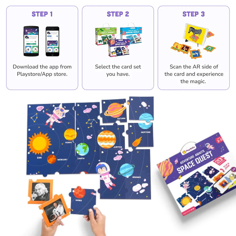 Playshifu 20 Space Flashcards with Space Quest for Kids - Boost General Knowledge, Builds Vocabulary with 4D Educational AR-Powered STEM Fun Learning, Interactive Game 