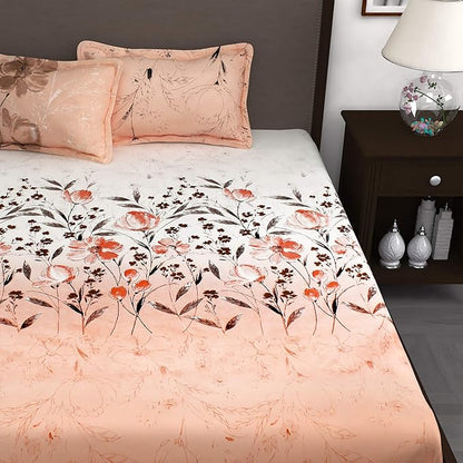 Story@Home Bedsheet Cotton Floral Pattern 1 Bedsheet King Size Bed 2 Pillow Covers White & Peach Colour