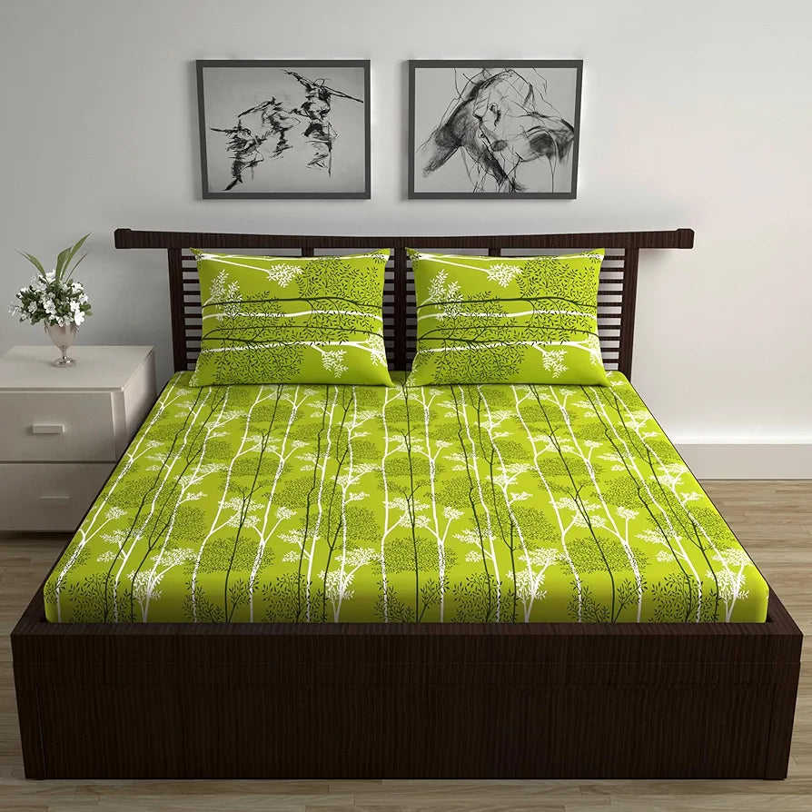 Divine Casa 144 TC 100% Cotton Double Bedsheet with 2 Pillow Covers Floral Pattern Colour Tree Green