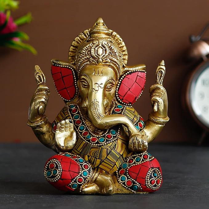 Ecraftindia Handcrafted Golden Brass Chaturbhuj Lord Ganesha Idol With Colorful Stone Work