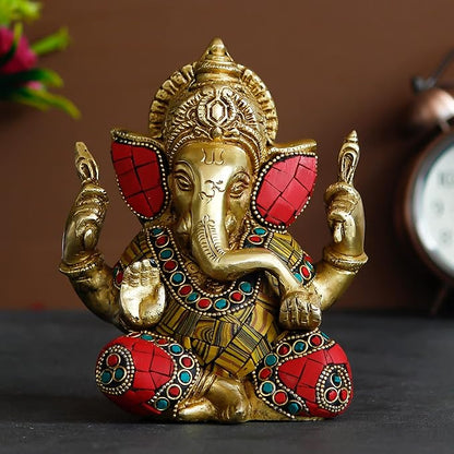 Ecraftindia Handcrafted Golden Brass Chaturbhuj Lord Ganesha Idol With Colorful Stone Work