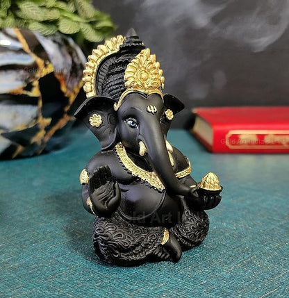 Gold Art India Terracotta Black Ganesh Idol for Car Dashboard Small Ganesha Murti Ganpati Idol