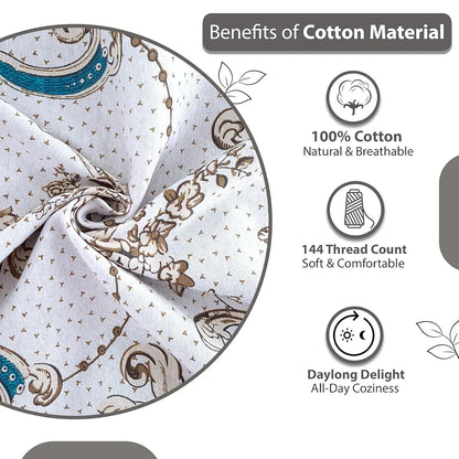 Divine Casa Double Size Bedsheet for Double Bed 144 TC Pure Cotton Queen Size with 2 Pillow Covers Floral Colour Ivory Gold