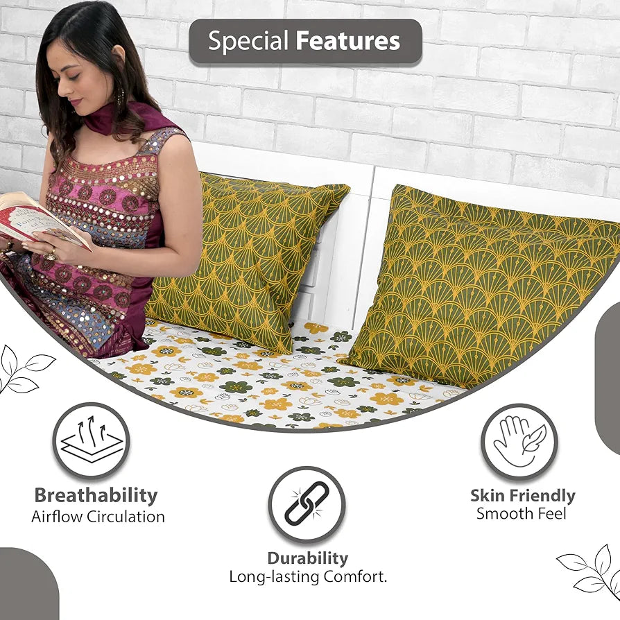 Divine Casa Bedsheet for Single Size Bed 144 TC Cotton Bedsheet for Single Size Bed with 1 Pillow Cover  Floral Mustard Colour Green